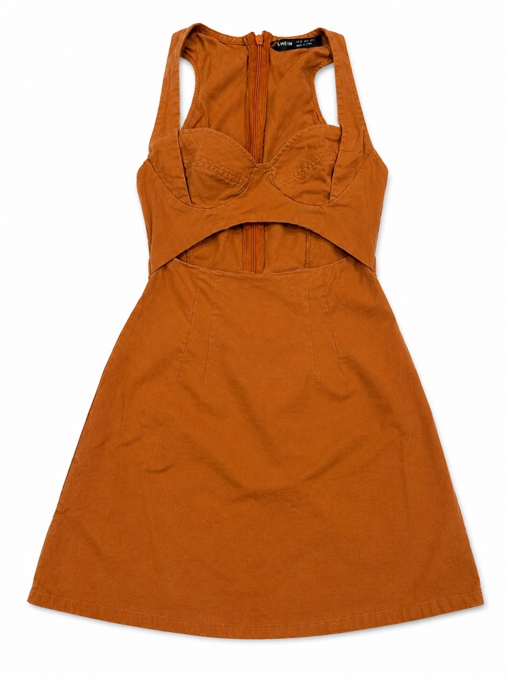 SHEIN Rust Brown Cut Out Bustier Mini Dress XS Cotton Linen Sleeveless A-Line